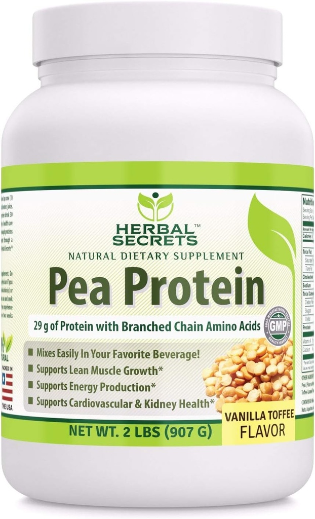 Herbal Secrets Pea Protein Powder Vanilla Toffee Flavor 2 lbs (Non-GMO) -Supports Energy Production and Muscle Growth - Promotes Heart and Kidney Function*