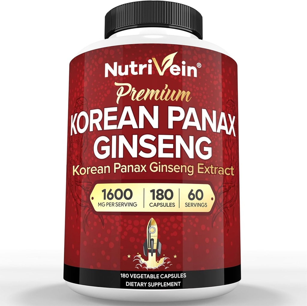 Nutrivein韓国赤のPanaxのGinseng 1600mg – 余分強さの方式– 180カプセル–ブースト エネルギー、精神焦点及び免疫の健康自然に