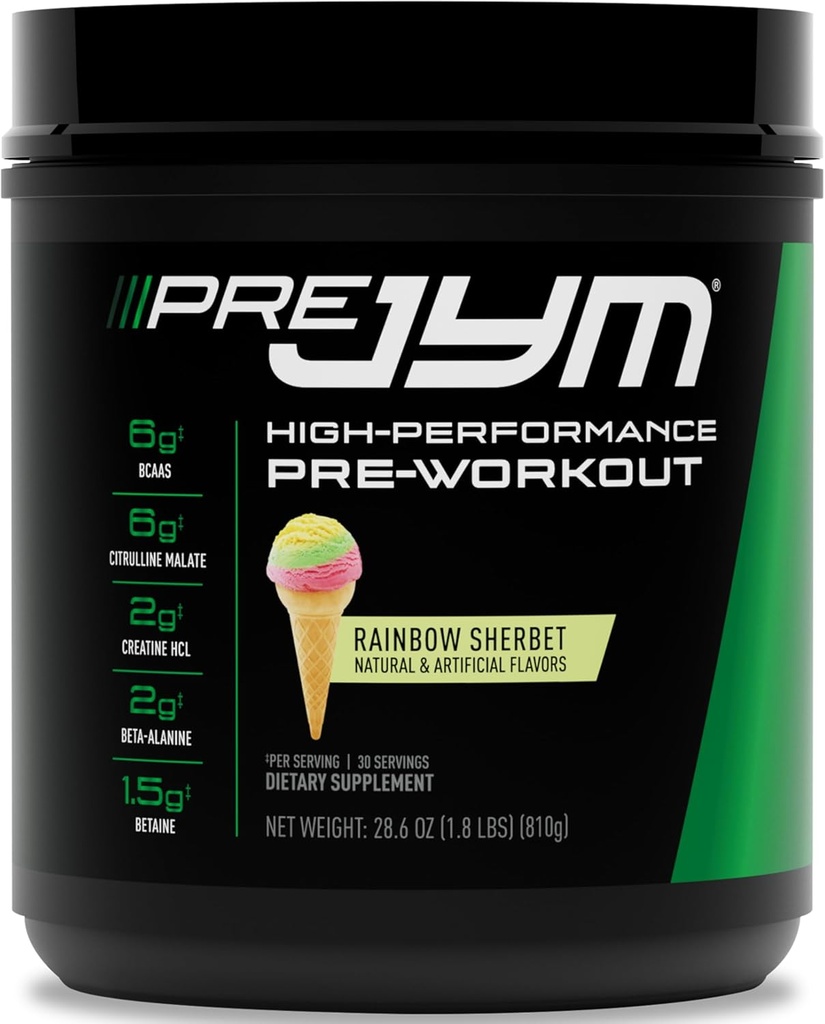 JYM Supplement Science Pre JYM Rainbow Sherbet Pre Workout Powder for Men & Women, BCAAs, Nootropics, Creatine HCI, Citrulline, Beta-Alanine, Betaine, Taurine, Huperzine, 30 Servings