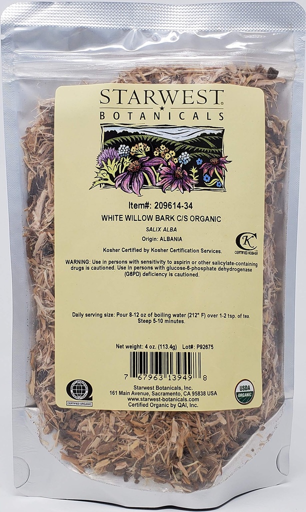 Starwest Botanicalsオーガニックホワイトウィローバークカット&シフテッド、4オンス