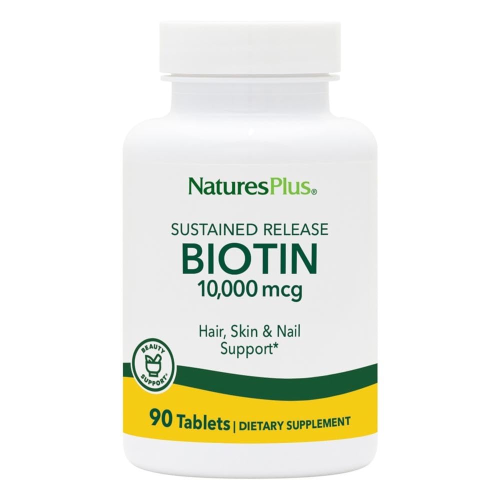 NaturesPlus Biotin 10,000 mcg - 90 Sustained-Release Tablets - Hair, Skin & Nail Support - High-Potency B Vitamin - Vegetarian, Gluten Free - 90 Servings