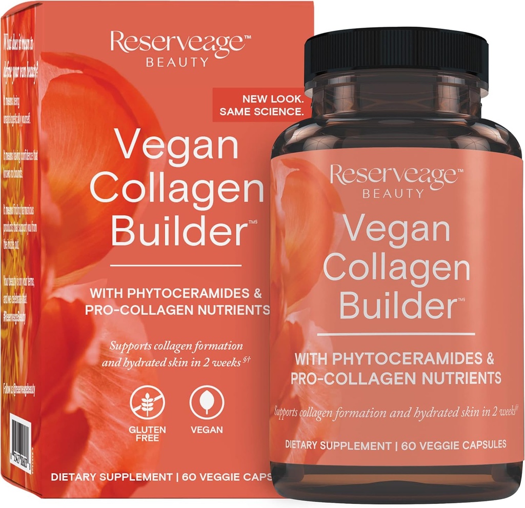 Reserveage Beauty Vegan Collagen Builder - Plant-Based Collagen Booster for Glowing Skin - Vitamin C Supplement for Hydrated Skin - Gluten Free - 60 Veggie Capsules (30 Servings)