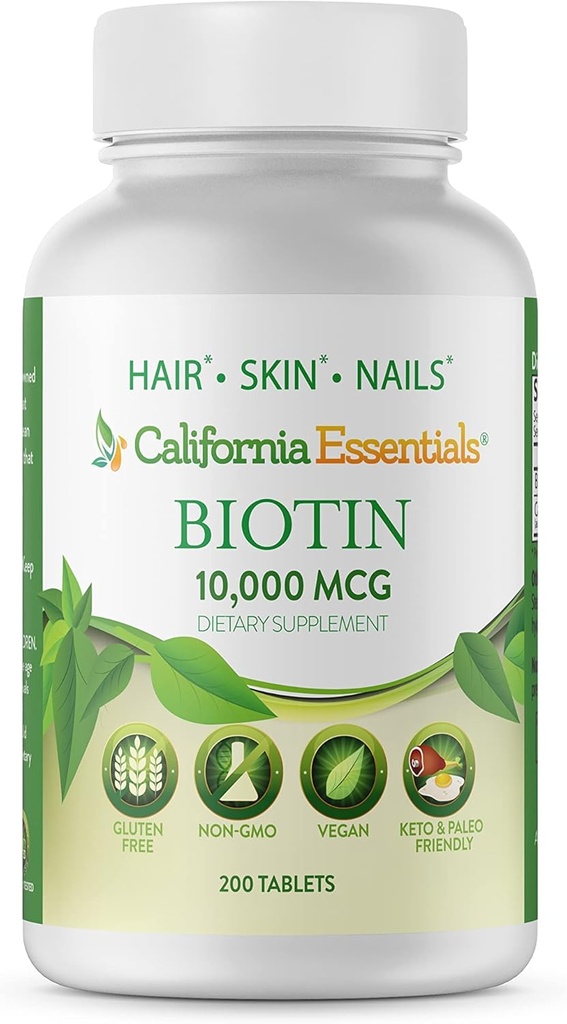 California Essentials Biotin 10000mcg | Vitamin B7 Promotes Healthy Skin, Hair & Nail Growth | High Potency Dietary Supplement for Men & Women | Non-GMO, Vegan, Gluten & Dairy Free (200 Tablets)