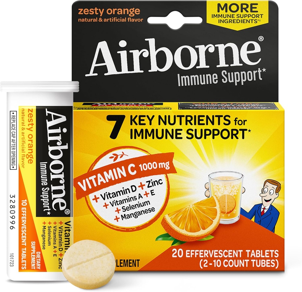 Airborne 1000mg Vitamin C With Zinc Effervescent Tablets, Immune Support Supplement With Powerful Antioxidants Vitamins A C & E - 20 Fizzy Drink Tablets, Zesty Orange Flavor