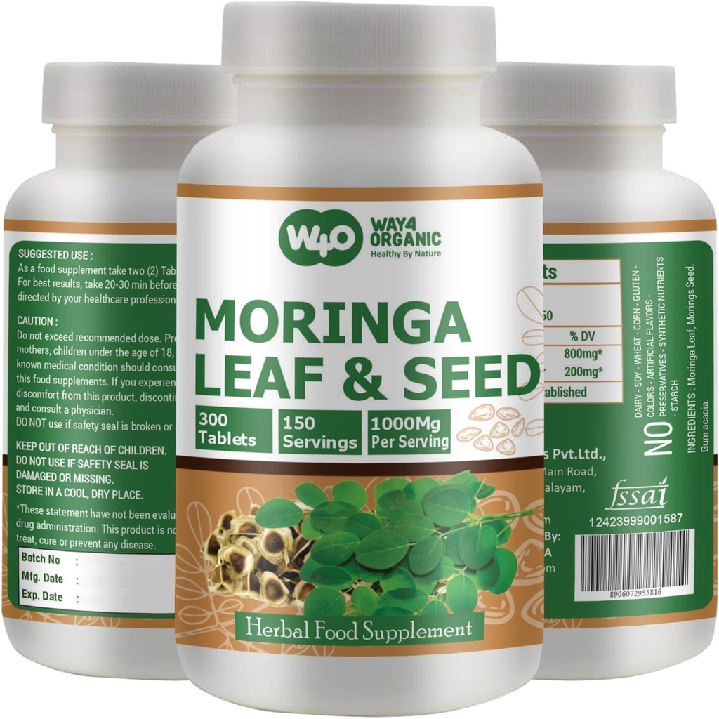 Moringa Oleifera Leaf and Seed Powder (80:20) Ratio 300 Pills(Tablets), 150 Servings, 1000 mg. Uncoated Malunggay Herbal Supplement, No Chemical Coating, Green Superfood. Pack of 1.