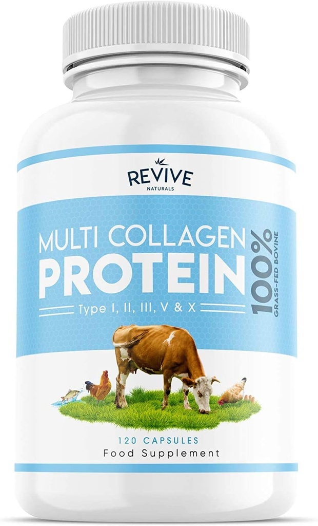 Revive Naturals Multi Collagen Protein Capsules - Types I, II, III, V & X - Hydrolysed Grass Fed Bovine, Wild Caught Marine & Free-Range Chicken, Made with Hyaluronic Acid & Vitamin C, 120 Caps