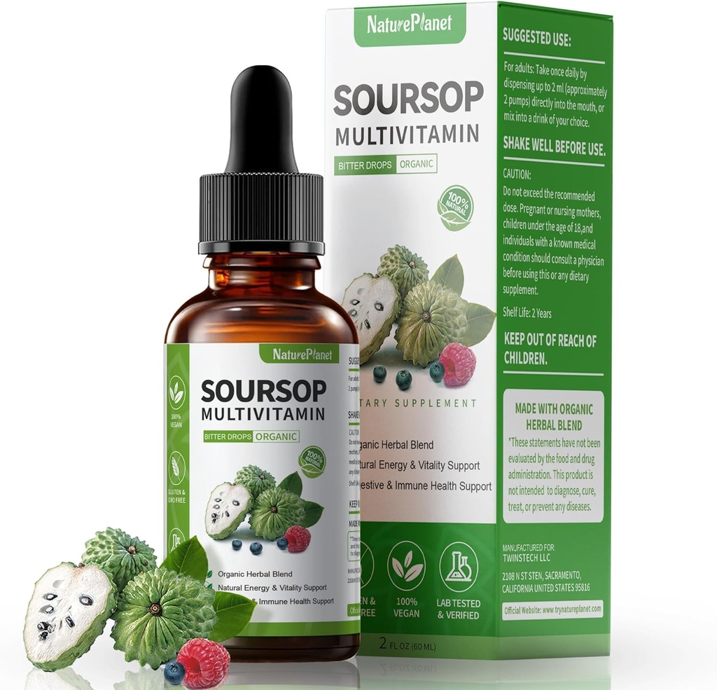 Graviola Soursop ビタミン C、D3、B6、5000mg Soursop のフルーツ及び葉のエキス + 免疫サポート消化器の健康の酸化防止ブーストのための 10 のビターの植物-非 GMO ビーガン 2 Fl Oz