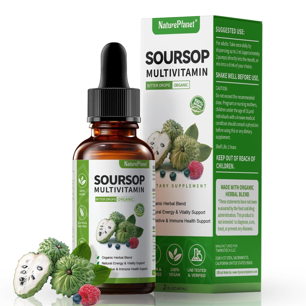 Graviola Soursop ビタミン C、D3、B6、5000mg Soursop のフルーツ及び葉のエキス + 免疫サポート消化器の健康の酸化防止ブーストのための 10 のビターの植物-非 GMO ビーガン 2 Fl Oz