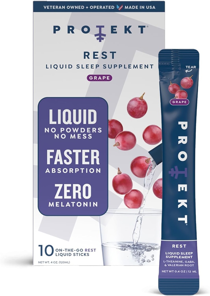 PROTEKT GABA L Theanine Supplement | Melatonin-Free Sleep Aid for Adults | Valerian Root for Night Support & Restful Sleep | GABA Calm Liquid Drink Mix for Adults | Grape, Pack of 10