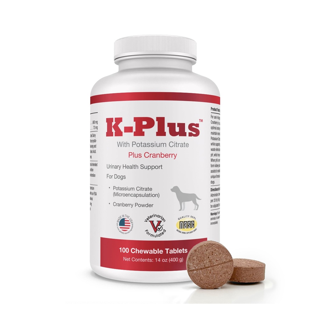 K-Plusカリウムクエン酸塩プラスクランベリー犬用サプリメント - UTI救済チャイブル錠 - ブラダー健康をサポート - すべての犬のために繁殖 (100 タブ)
