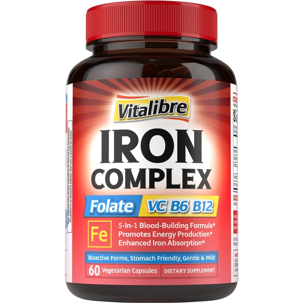女性のための鉄のサプリメント & 男性, ビタミンCと, B6, B12 & 鉄欠乏のために Folate, 血液ビル & エネルギー サポート, 胃のフレンドリー, より良い吸収, 非GMO, グルテンなし, 60 ビーガンキャップ