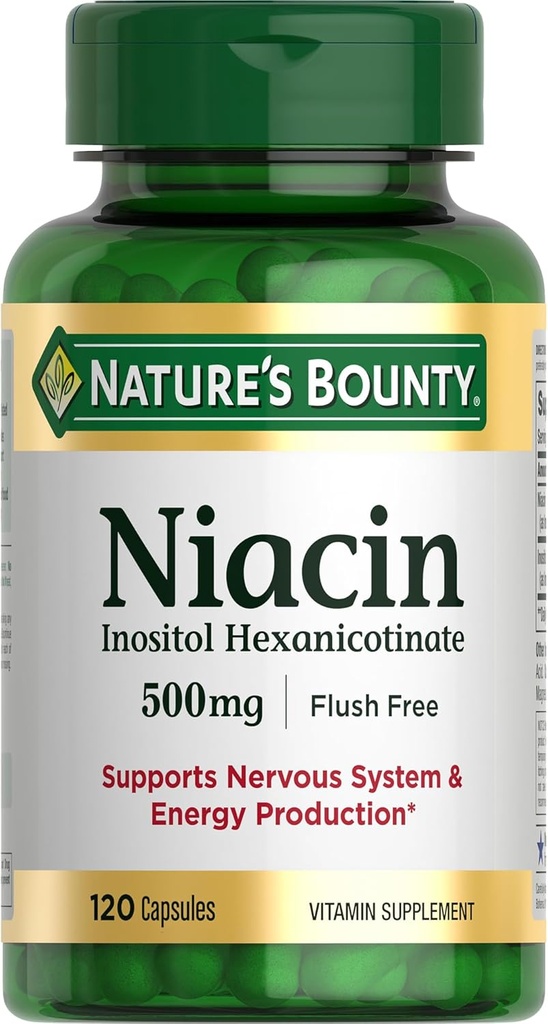 Nature's Bounty Niacin 500mg Flush Free, Cellular Energy Support, Supports Nervous System Health, 120 Capsules