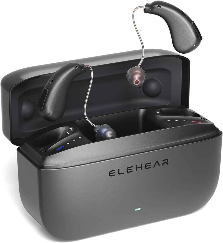 アルファ補聴器、AIノイズキャンセレーションOTC補聴器、シニア&大人、スーパークリアサウンド、長持ちバッテリー作動充電式補聴器、4モード、メタリックダークグレー