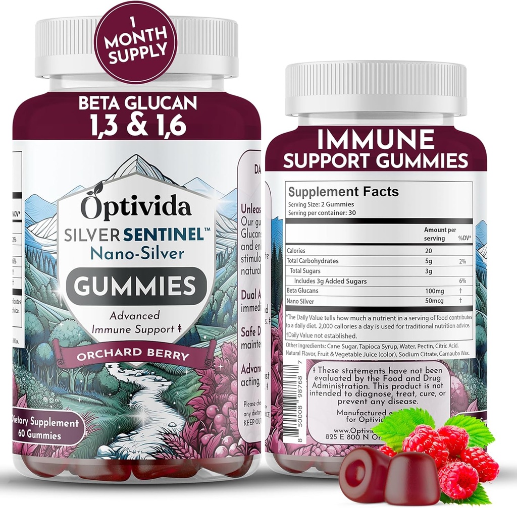 Optividaナノシルバー免疫サポートグミー(60カウント) - 毎日免疫サポートのためのベータグルカンサプリメント、免疫の健康、ベータグルカン100とコロイドシルバーサプリメントのためのオーチャードベリー風味