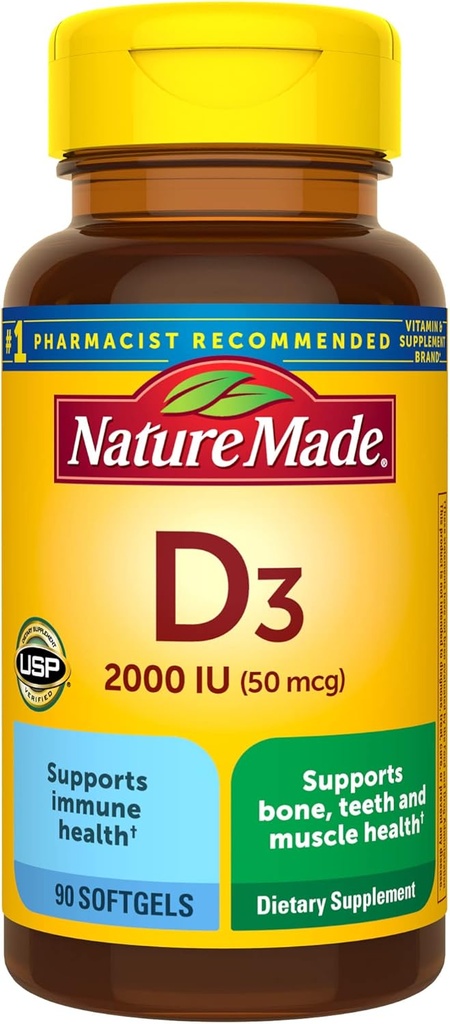 Nature Made Vitamin D3 2000 IU (50 mcg), Vitamin D Supplement for Bone, Teeth, Muscle and Immune Health Support, 90 Softgels, 90 Day Supply