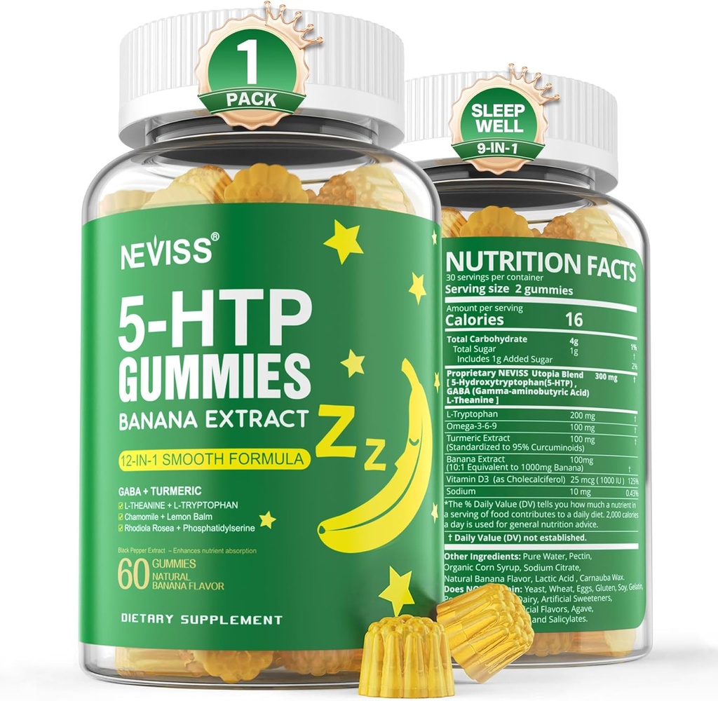 NEVISS 1パック5-HTPグミー+ GABA - Melatonin無料 - バナナエキス、L-テアニン、L-Tryptophan、健康的な休憩サイクルとCircadian Rhythm、Brain機能と筋肉リラックスのためのビタミンD3