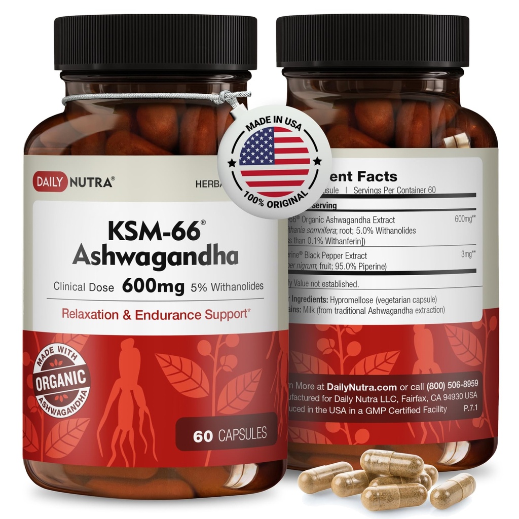 DailyNutra KSM-66 Ashwagandha 600mg オーガニック ルート エキス - 5% のwithanolides の高い効力の補足 | 疲れを取り除き、リラックス、焦点、エネルギーおよび筋肉成長を支えて下さい(60 のカプセル)