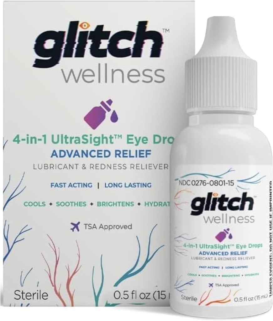 Glitch UltraSight Eye Drops for Dry Eyes 15mL - 4 in 1 Advanced Relief Dry Eye Drops - All Day Comfort with Hydration, Brightening, Cooling - Effectively Soothes Irritation & Dryness - 0.5 Fl Oz