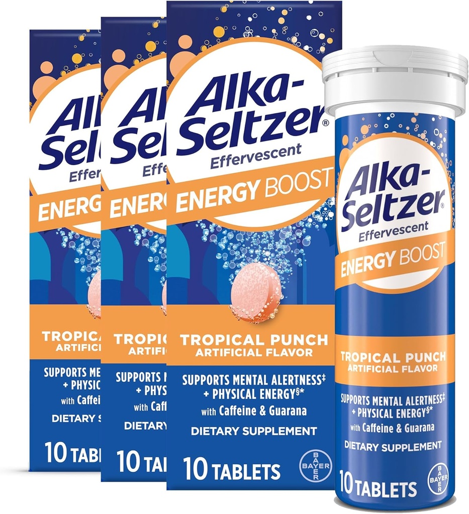 Alka-Seltzer Energy Boost: Caffeine & Guarana, B Vitamins, Supports Mental Alertness and Physical Energy, Daily Energy Supplement, Fizzy Tablets, Sugar-Free, Light Tropical Punch Flavor, 30ct
