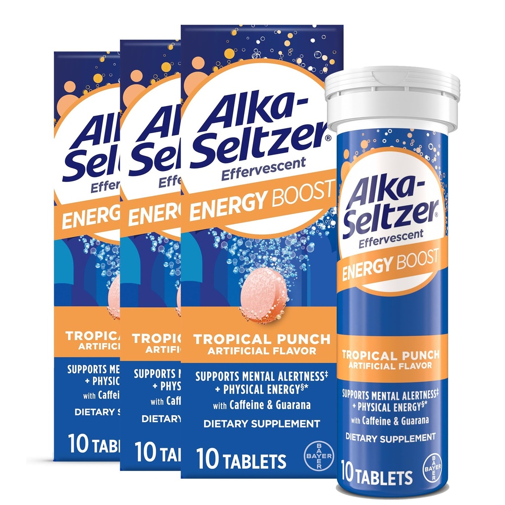 Alka-Seltzerエネルギーブースト:カフェイン&グアラナ、ビタミンB、メンタルアラートと物理エネルギー、毎日のエネルギーサプリメント、フィジータブレット、砂糖フリー、ライトトロピカルパンチ味、30ctをサポート
