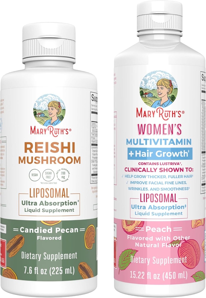 MaryRuth Organic Reishi Liposomal(カンジドペカン)&Multivitamin + Hair Growth(ピーチ) | クリーンラベルプロジェクト Verified® | 免疫、美容&健康のためのビタミン | 完全菜食主義者のグルテンフリー