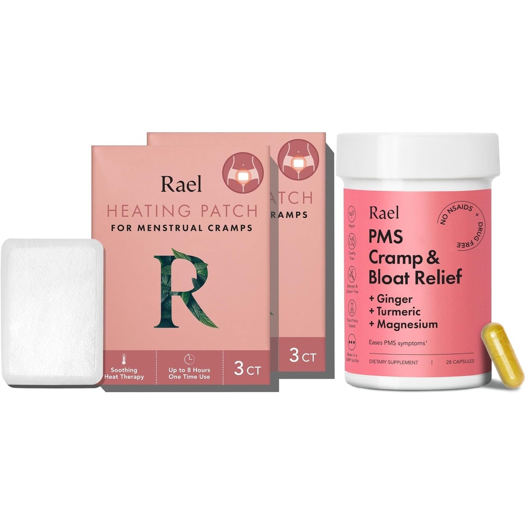 Rael Bundle - PMS 女性用サプリメント (28 カプセル) & ハーブ加熱パッチ (小, 8 カウント)