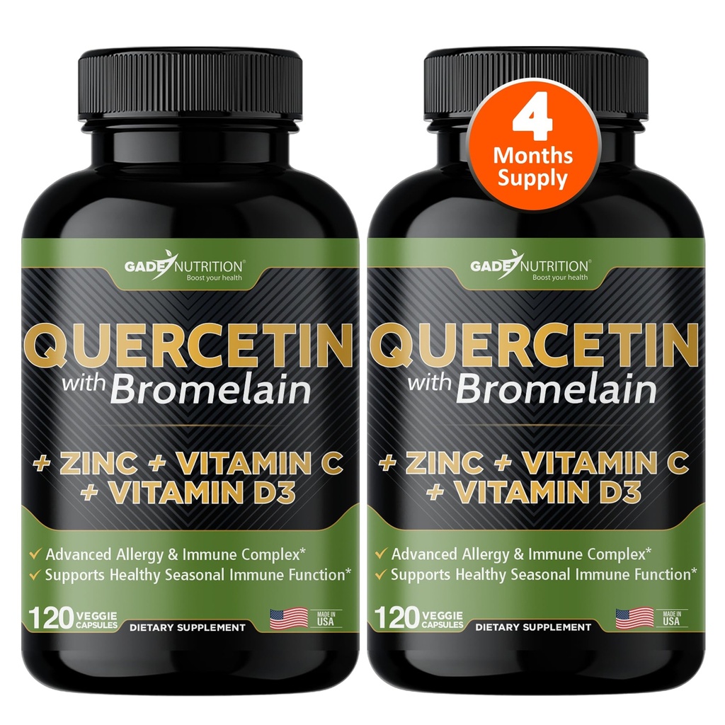 ビタミンCと亜鉛でGade Nutrition Quercetin - Quercetin 500mg - Bromelain - 亜鉛ケルセチン - ケルセチンサプリメント+ビタミンD3(非GMO、グルテンフリー、ビーガン) - 4ヶ月の供給