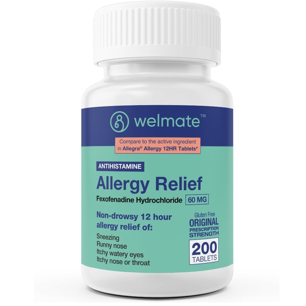 WELMATE - アレルギー救済 - Fexofenadine HCl 60mg - 12時間非眠症抗ヒスタミン - ニース - かゆみの目 - 鼻と喉 - アレルギー救済錠 - 200カウント