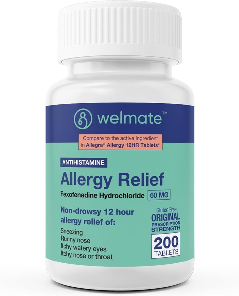 WELMATE - アレルギー救済 - Fexofenadine HCl 60mg - 12時間非眠症抗ヒスタミン - ニース - かゆみの目 - 鼻と喉 - アレルギー救済錠 - 200カウント