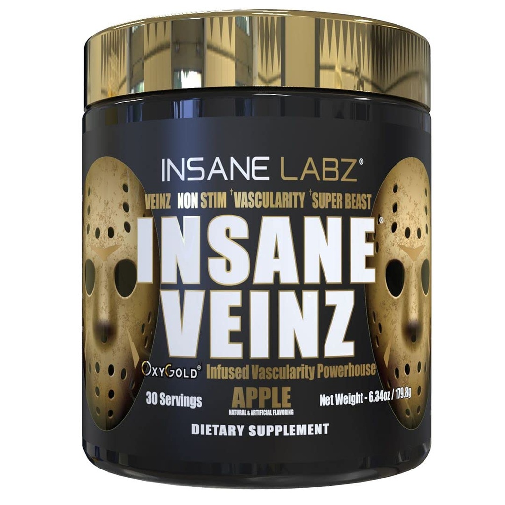 Insane Labz Insane Veinzの金、Nitric Oxideの非興奮剤のプレワークアウトの粉、Hydromax、Nitrosigineと荷を積まれた、血管および血の流れ、30のSrvgs、Appleを高めて下さい