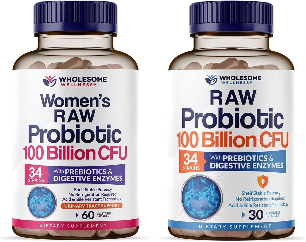 Wholesome Wellness 100 Billion CFUs with Prebiotics and Organic Probiotics 100 Billion CFU for Men and Women Bundle