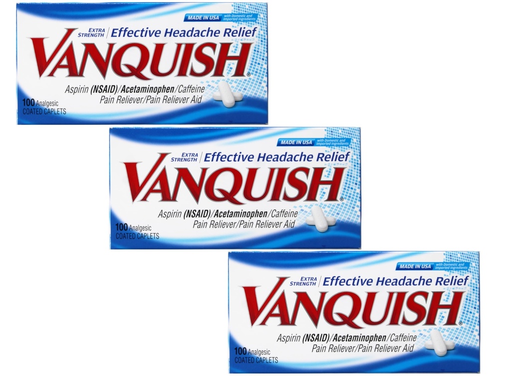 Vanquishの有効な頭痛の救助–アスピリン(NSAID)、アセトアミノフェン、カフェイン、100の分析の上塗を施してある小冊子- 3のパック