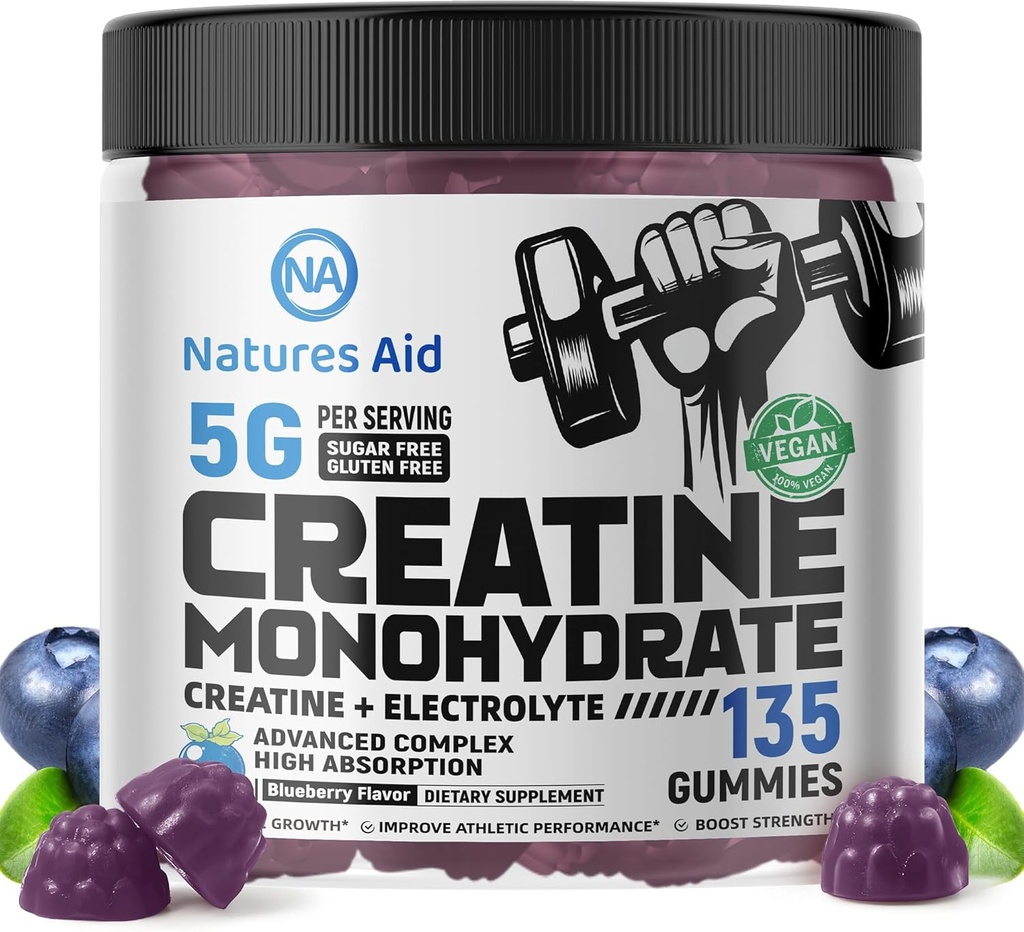 Natures Aid Creatine Monohydrate Gummies (5g) - 男性と女性のためのプレワークアウトエネルギーと筋肉の成長サポート | ブルーベリー電解質グミー (135 カウント)