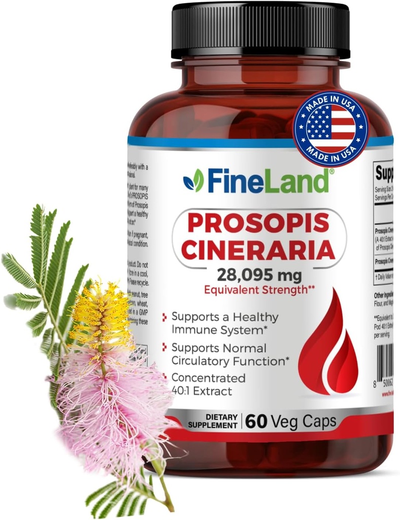 FineLand Prosopis Cineraria 40:1 エキス – 28,000 mg 最大強度 – フルスペクトラム – Cholesterolをサポート, 循環 & 動脈の健康 – 非GMO, グルテンフリー – 60 ビーガンカプセル