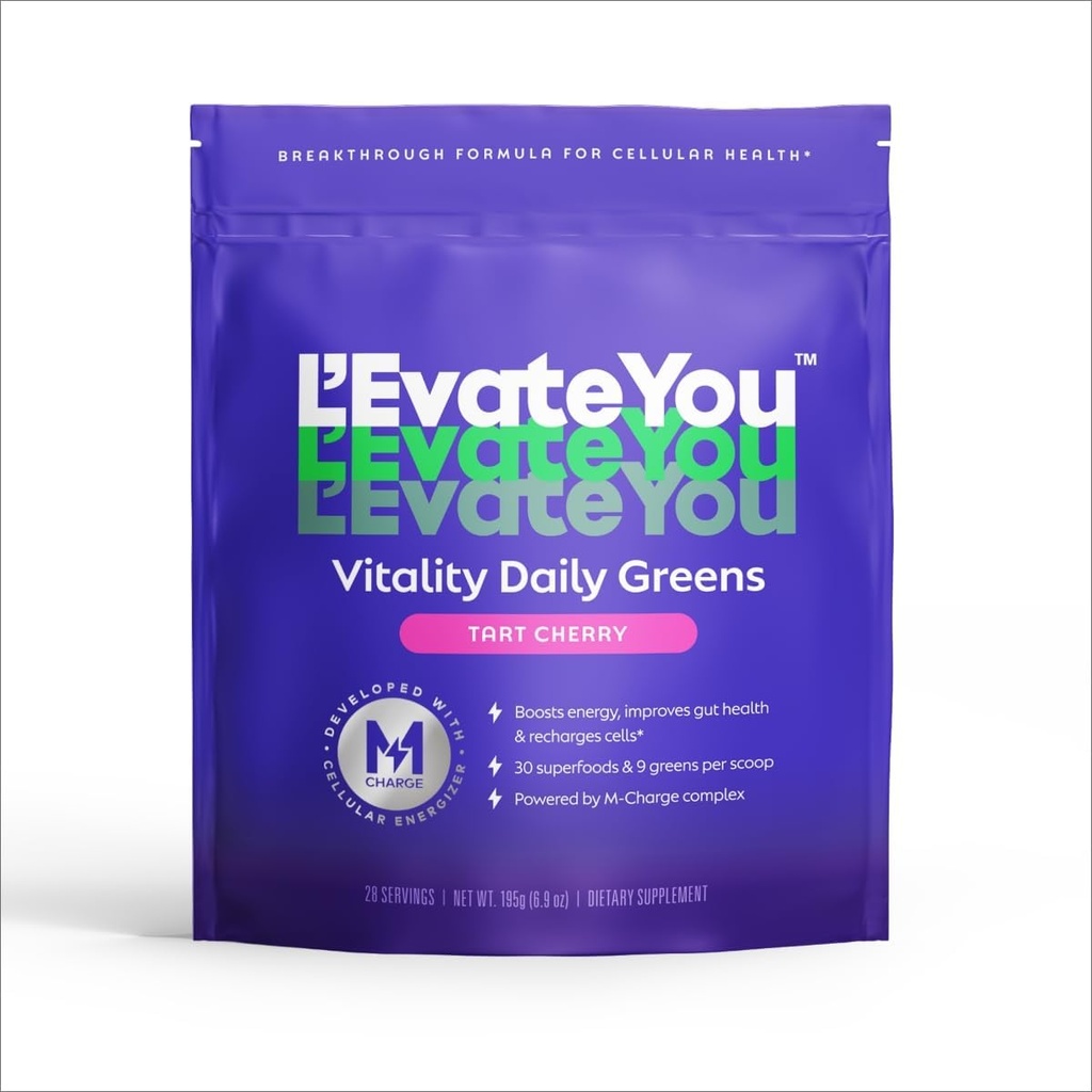 L'Evate You Vitality Daily Greens Powder (28 サービング) 30 Superfoods, 9 Greens - セルラーエナジーブースト、オールデイエナジー(タルトチェリー)のM-Chargeコンプレックスを搭載した