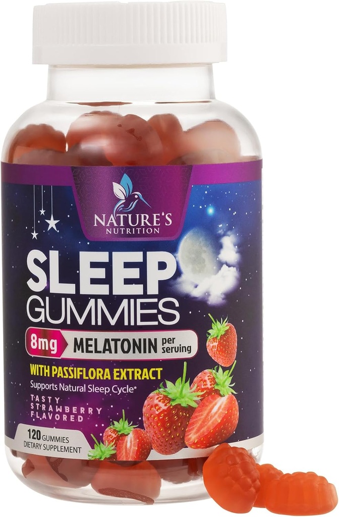 大人のための眠るガミー 余分な強さ8mg - 残りの眠りのためのパッシフローラ抽出物とメラトニン - 速い代理メラトニン睡眠ガミーサプリメント、ビーガン、非GMO、おいしいイチゴ味 - 120グミー