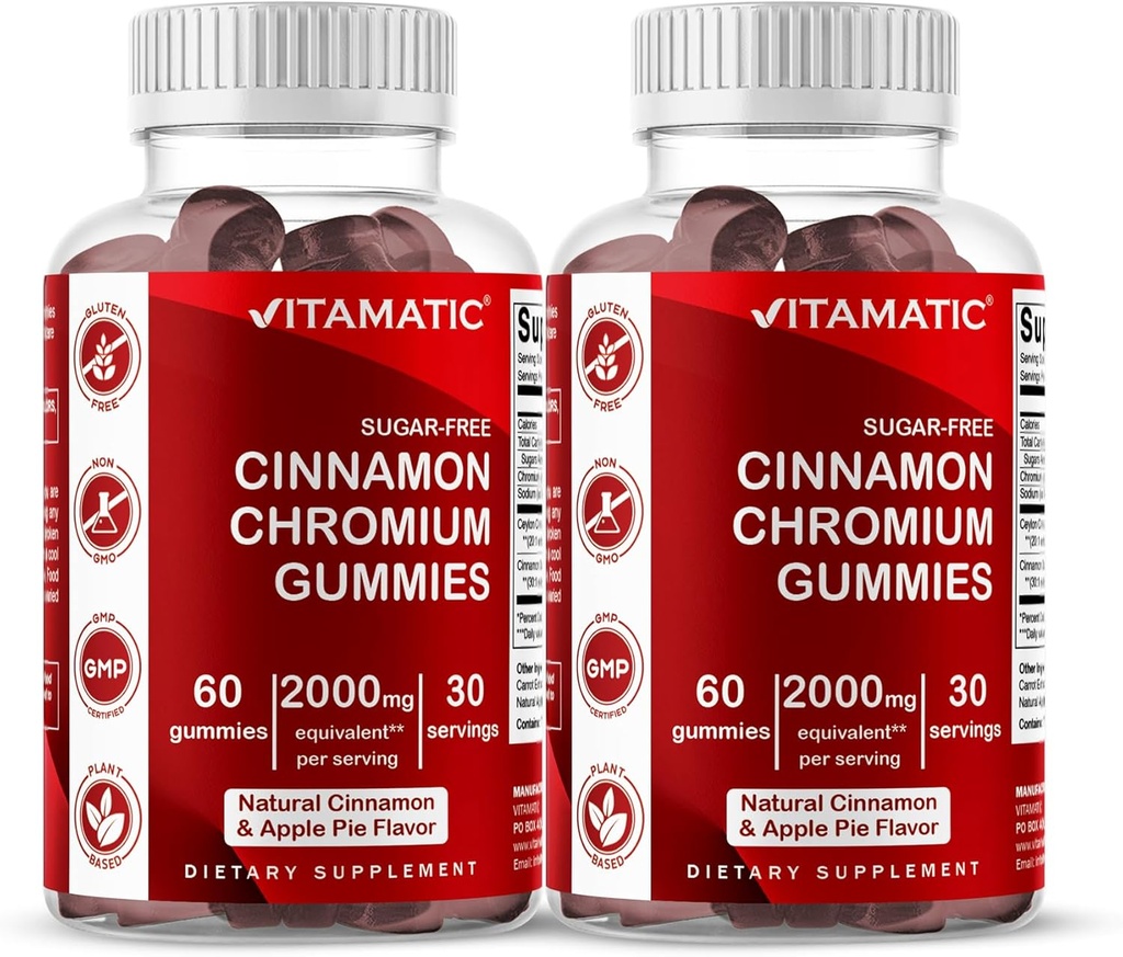 Ceylon CinnamonとVitamatic Sugar-Free Chromium Gummies – 2000 mg 食べ当たり等価 (抽出物から 83 mg) – 非GMO, グルテンフリー – 60 ビーガンガミー – 2 パック