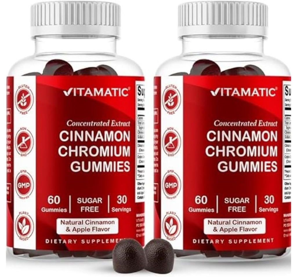 Ceylon CinnamonとVitamatic Sugar-Free Chromium Gummies – 2000 mg 食べ当たり等価 (抽出物から 83 mg) – 非GMO, グルテンフリー – 60 ビーガンガミー – 2 パック
