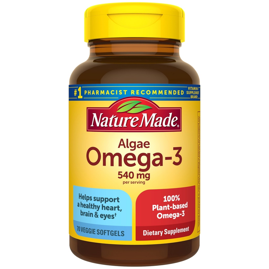 自然作られた藻油オメガ3サプリメント540mg、オメガ3フィッシュオイル代替、70ベジーソフトゲル、持続可能な、植物ベースの、健康な心、脳、および目のサポート、70ソフトゲル