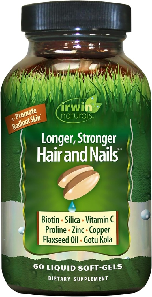 Irwin Naturals Longer、より強い髪と爪 - 活気のある輝きのテクスチャと強度を促進 - 60液体Softgels