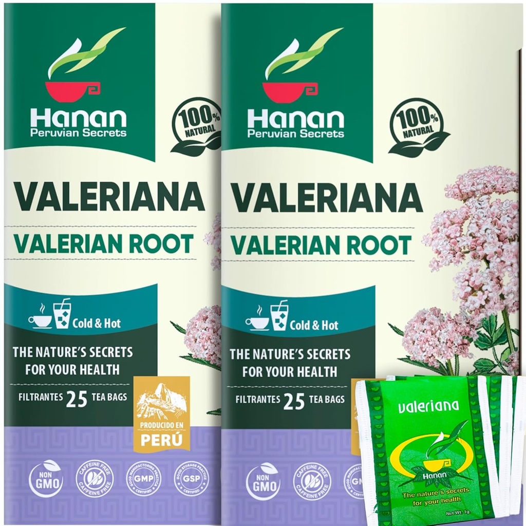 Hanan Valerian Root Tea for Bedtime(50袋) - Te de Valeriana、Harbal Calming Night Tea - 100% ピュア、カフェインフリー、非GMO、ペルーのハーブ - 2箱のパック