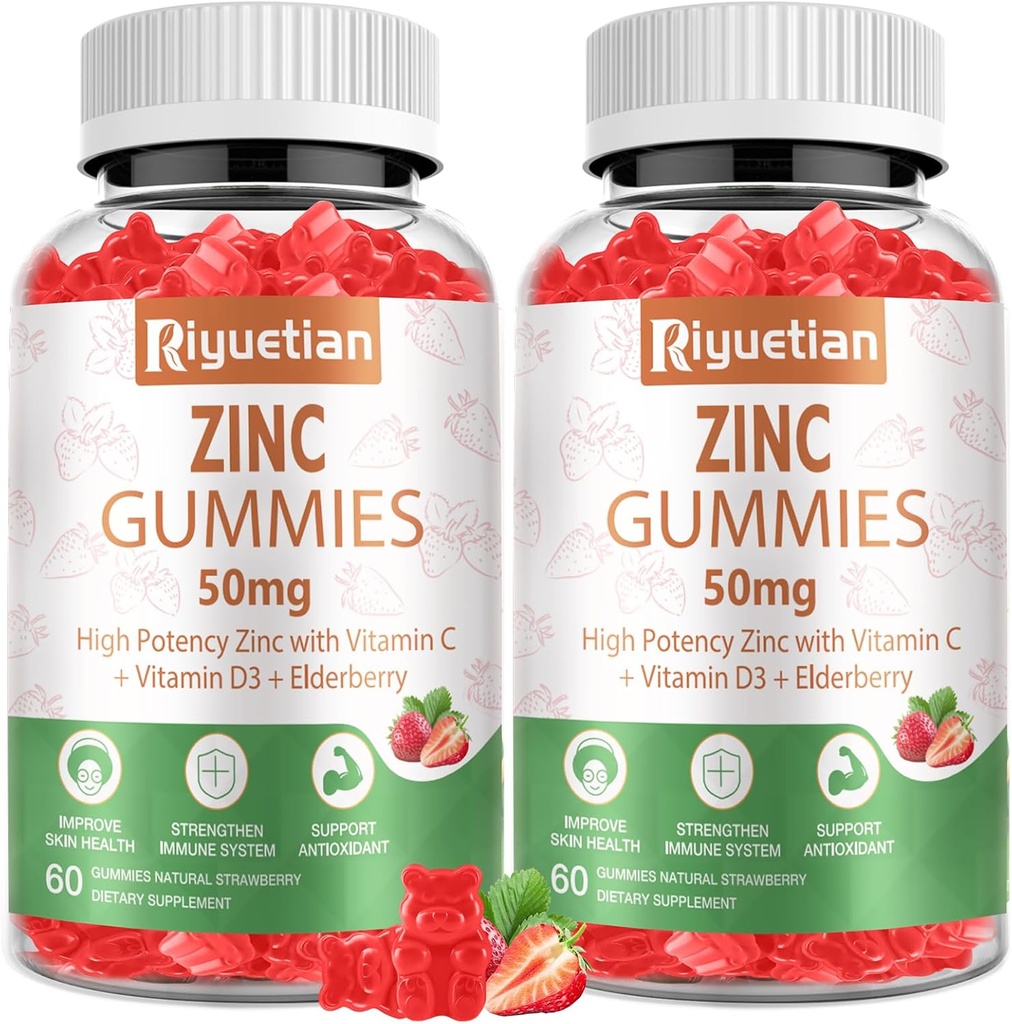 亜鉛グミー50mg - ビタミンC、D3&エルダーベリー、Echinacea、亜鉛免疫健康グミ、非GMO、男性&女性のための自然な抗酸化サプリメント、ビーガン2パック
