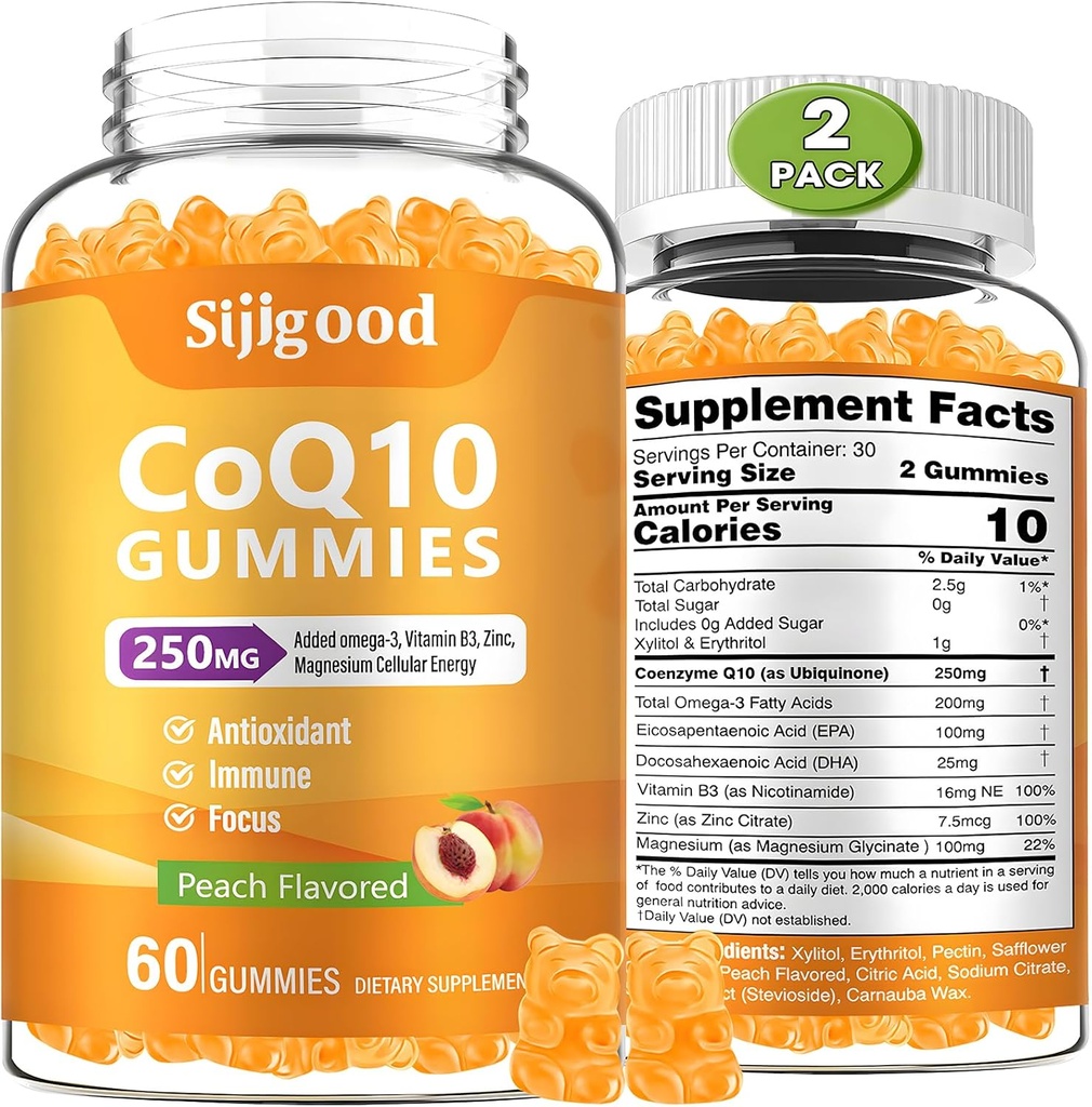 2つのパックCoQ10のグミー、Omega-3、ビタミンB3および亜鉛、マグネシウム、5Xの高吸収のCoenzyme Q10の補足、ブーストの細胞エネルギーのためのq10、有効な酸化防止及び頭脳、ピーチの味、120のCts