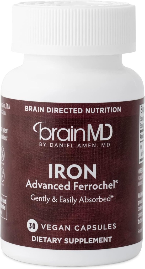 BRAINMD Dr Amen Iron - 30カプセル - エネルギー生産、認知機能と遺伝子規則をサポート - Gentle&簡単に吸収 - グルテンフリー - 30サービング