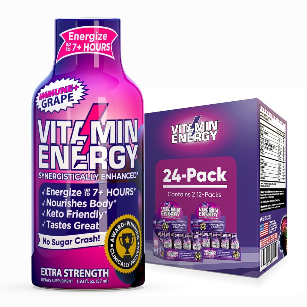 ビタミン エネルギー 免疫+ 余分強さ エネルギー ショット グレープ 24 のパック、260mg 自然なカフェイン、B ビタミン、シチコリン、緑茶、免除及び焦点サポート、ゼロ砂糖、グルテンフリー 1.93 の fl oz