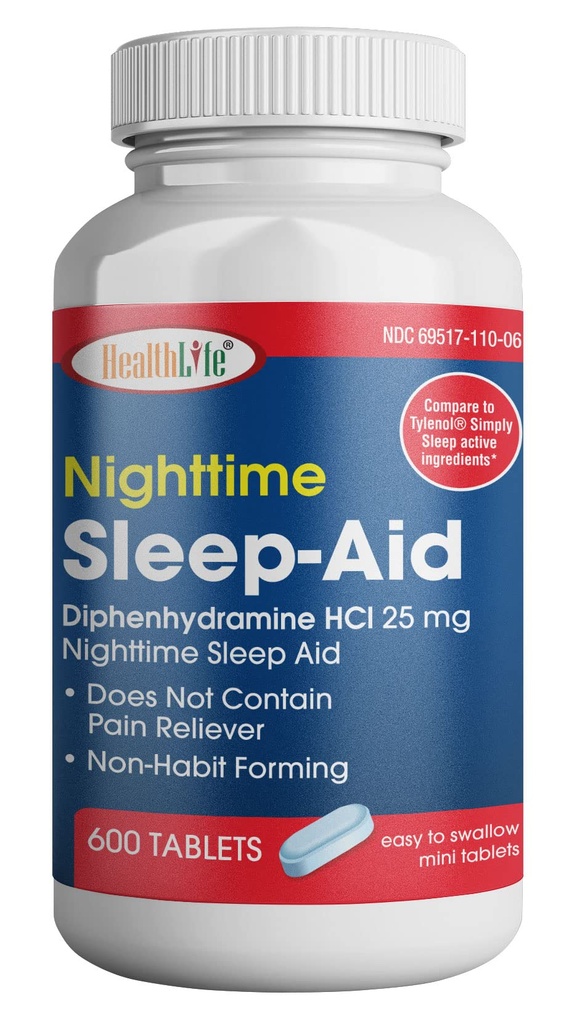HealthPharmaの夜間睡眠援助、Diphenhydramine HCLの小冊子、25のmg (青い)、600の計算