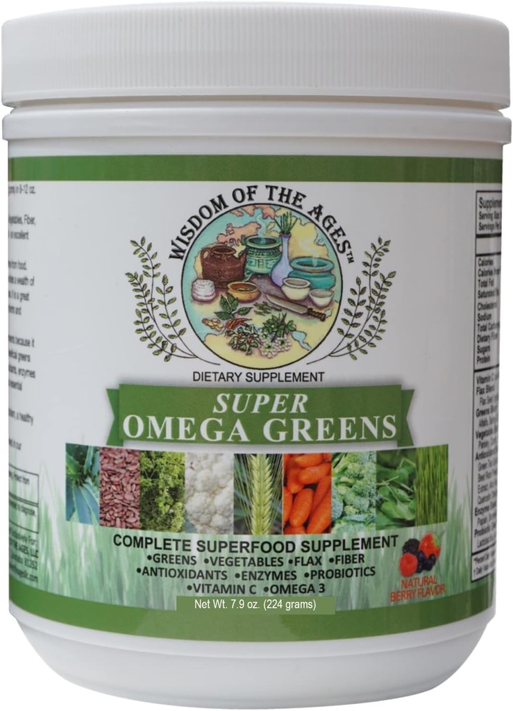 Super Omega Greens Complete Superfood Supplement with Greens, Vegetables, Flax, Fiber, Antioxidants, Enzymes, Probiotics, Vitamin C and Omega 3-7.9oz Powder