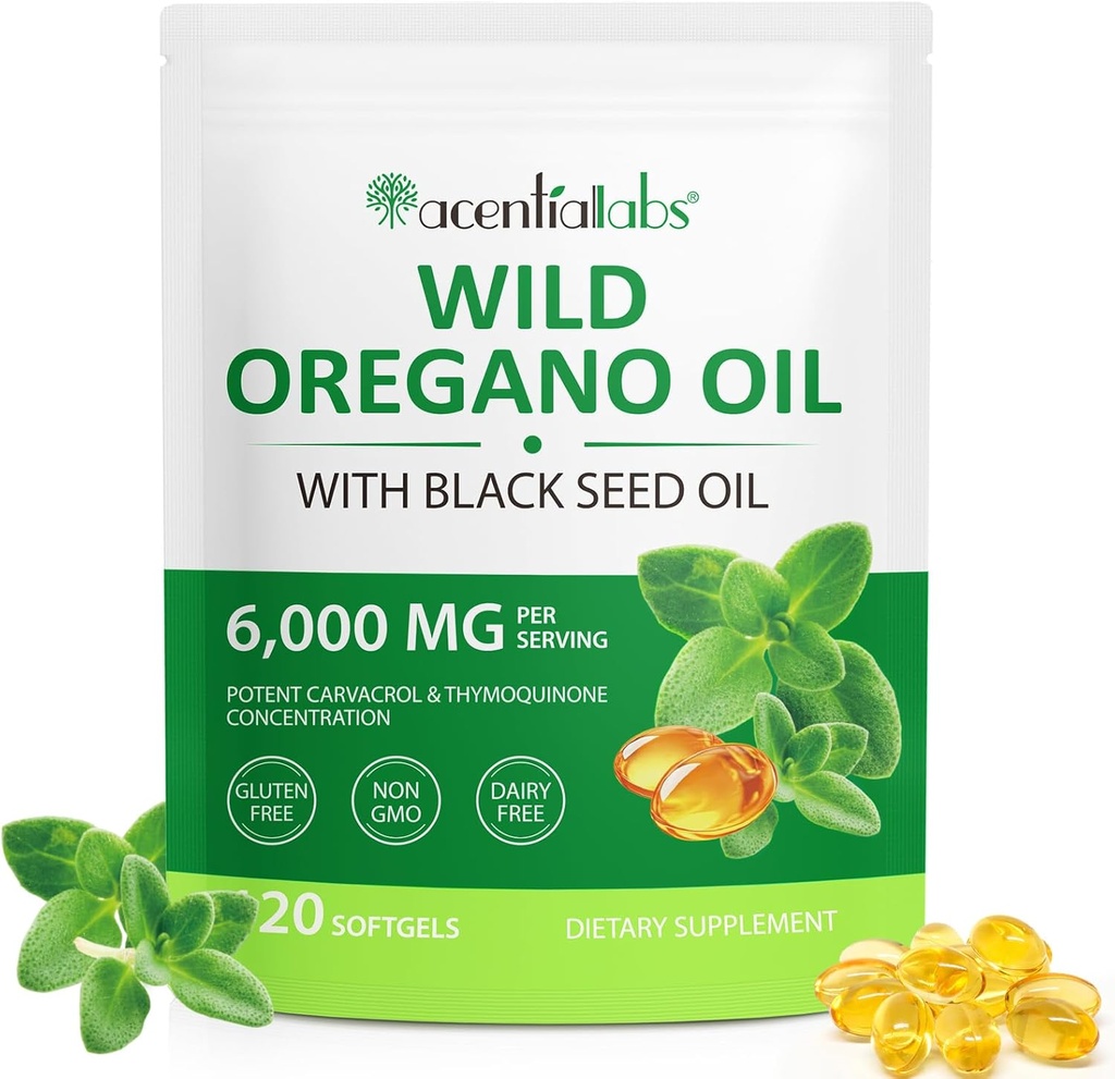Oregano Softgels 6000mg/サービング - ブラックシードオイルでオレガノのオイル - ポテントカルバロール&チモキノン | 免疫サポート、消化の健康と抗酸化剤 | 非GMO、グルテンフリー、酪農