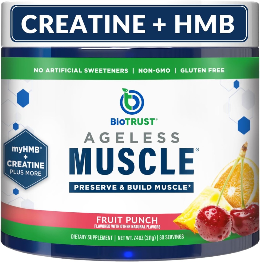 BioTrust Ageless Muscle Builder - Creatine HMB Powder with Vitamin D3 & Betaine - Build & Preserve Naturally Declining Muscle Mass & Strength - Fruit Punch, 30 Servings