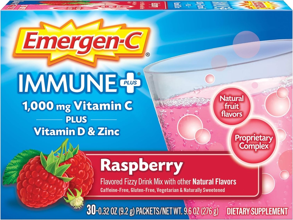 Emergen-C免疫+ 1000mgビタミンCパウダー、ビタミンD、亜鉛、酸化防止剤、免疫力電解液、免疫サポート栄養補助食品、ラズベリー味 - 30 / 1ヶ月の供給